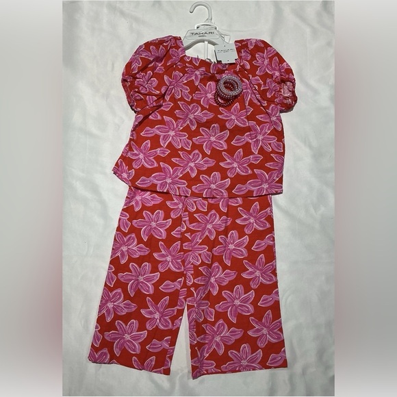 TAHARI Girl 2 Piece Set Red With Purple & Pink Flowers Size 5 - Picture 1 of 16